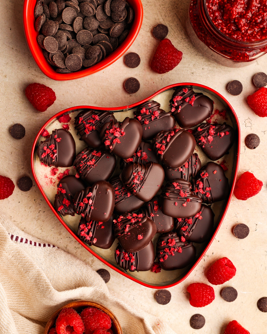 Raspberry Chia Jam Filled Chocolate Hearts - Colorful Superfoodie